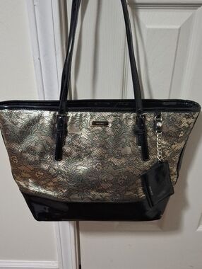 Nine West Gold Lace-Pattern Tote with Black Patent Trim and Card Case